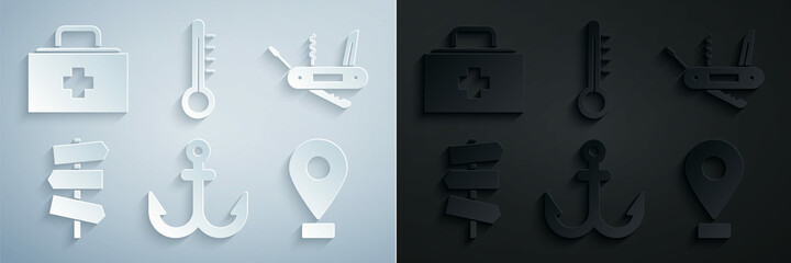 Poster - Set Anchor, Swiss army knife, Road traffic signpost, Location, Meteorology thermometer and First aid kit icon. Vector