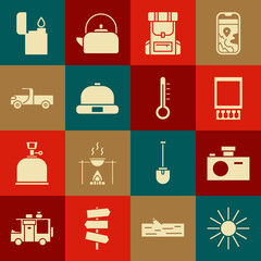 Poster - Set Sun, Photo camera, Open matchbox and matches, Hiking backpack, Beanie hat, Pickup truck, Lighter and Meteorology thermometer icon. Vector