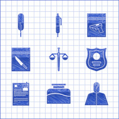 Poster - Set Scales of justice, Inkwell, Anonymous with question mark, Police badge, Lawsuit paper, Evidence bag and knife, pistol or gun and Feather pen icon. Vector