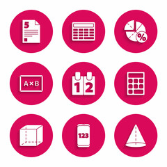 Sticker - Set Calendar, Mobile calculator interface, Geometric figure Cone, Calculator, Cube, Chalkboard, Graph, schedule, chart, diagram and Test exam sheet icon. Vector