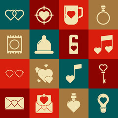 Set Heart shape in a light bulb, Key heart, Music note, tone with hearts, Coffee cup and, Condom, package, Two Linked Hearts and Please disturb icon. Vector