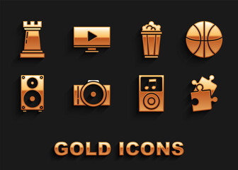 Poster - Set Photo camera, Basketball ball, Piece of puzzle, Music player, Stereo speaker, Popcorn in cardboard box, Chess symbol and Online video icon. Vector