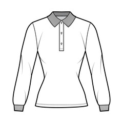 Wall Mural - Shirt polo fitted technical fashion illustration with long sleeves, tunic length, henley button neck, flat knit collar. Apparel top outwear template front, white color style. Women unisex CAD mockup