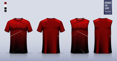 Red T-shirt sport, Soccer jersey, football kit, basketball uniform, tank top, and running singlet mockup. Fabric pattern design. Vector.