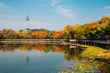 Sticker - Autumn of Duryu Park Seongdangmot pond in Daegu, Korea