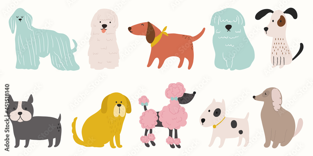 Cute dogs doodle vector set. Cartoon dog or puppy characters design ...