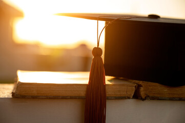 Wall Mural - black graduation cap with brown tassels placed on books