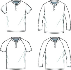 Boys Henley Neck T-shirt Range, Mens Henley Neck T-shirt Range. Fashion Illustration Vector, Fashion Technical Drawing.