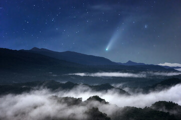 Wall Mural - the sea of mist at night in the forest in the sky with meteors.