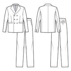 Set of Suit double breasted - classic mens trouser and jacket technical fashion illustration with two - pieces, long sleeves, pockets. Flat template front, back, white color. Women, unisex CAD mockup