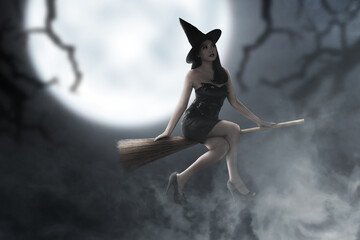 Wall Mural - Asian witch woman with hat flying on a magic broomstick