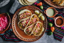 Mexican Cochinita Pibil Tacos With Habanero Sauce Traditional Food In Yucatan Mexico