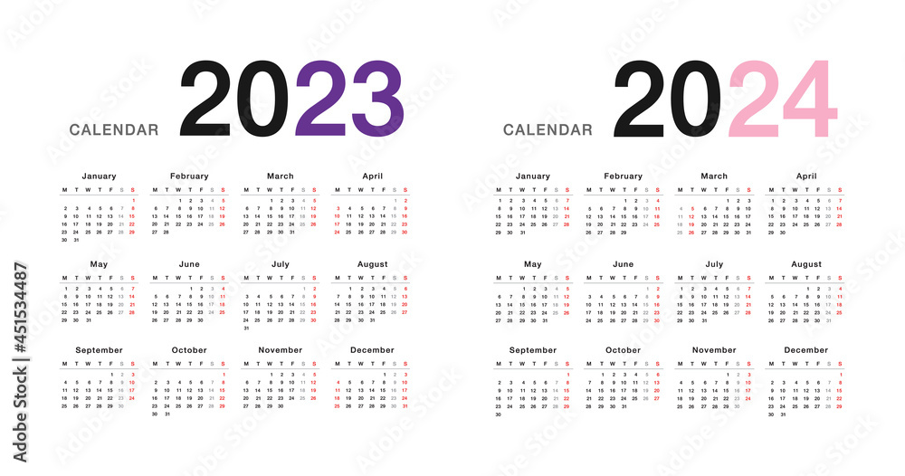 Colorful Year 2023 And Year 2024 Calendar Horizontal Vector Design