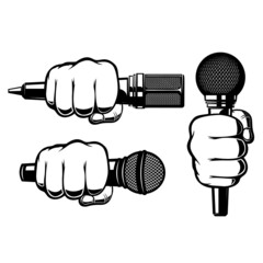 Human hand with microphone. Design element for sign, logo, label, t shirt. Vector illustration