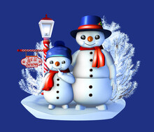 3D Rendered Illustration Featuring Two Snowman, Father And Son, Under A Lamp Post. The Lamp Post Has A Hanging Sign That Reads 'Let It Snow'