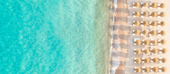 Sticker - Stunning aerial view of brown beach umbrellas on a white sand beach bathed by a turquoise water during a beautiful sunset. Liscia Ruja, Costa Smeralda, Sardinia, Italy.