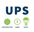UPS Uninterruptible Power Supply with simple icon and keywords on white background.