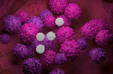 T-cells attack breast cancer cells 3d illustration