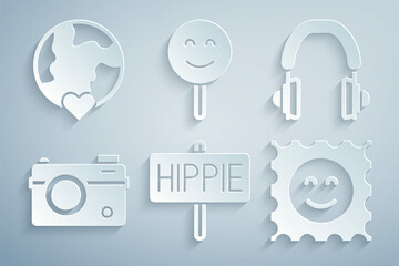 Sticker - Set Peace, Headphones, Photo camera, LSD acid mark, Smile face and The heart world - love icon. Vector