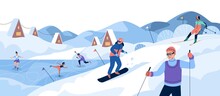 Winter Sport. People Ski And Snowboard On Snow Slope, Athletes In Sportswear Train At Rink, People On Ice Active Poses Figure Skating, Village Landscape. Vector Concept