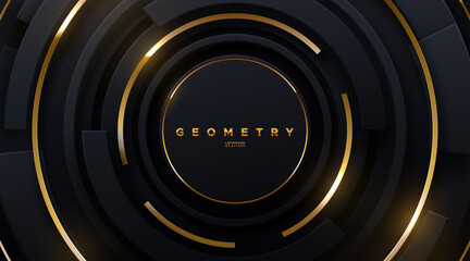 Poster - Black concentric radial shapes with gold sparkling stripes. Abstract futuristic background.