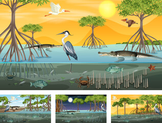 Wall Mural - Different scenes with mangrove forest landscape with animals and plants