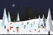 Panorama city in winter holidays landscape, Happy crowd people celebrating in the city park on Christmas Eve, Winter landscape at night with people having fun hang out in new year