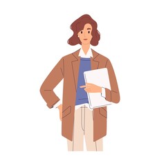 Poster - Businesswoman portrait. Woman entrepreneur standing with tablet in hands. Business advisor or manager in formal clothes. Flat vector illustration of modern office worker isolated on white background