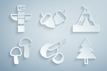 Wall Mural - Set Peameal bacon, Indian teepee or wigwam, Mushroom, Christmas tree, Acorn and Canadian totem pole icon. Vector