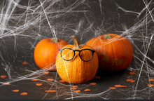 Halloween And Holiday Concept - Halloween Pumpkins With Glasses And Spiderweb Over Dark Background