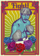 Retro Boxer And Roses, Psychedelic Art Nouveau Frame, Vintage Posters Style Illustration 