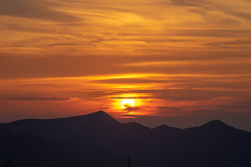 Wall Mural - silhouette of mountains at sunset in the carpathian mountains in summer
