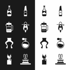 Poster - Set Scooter, French press, Bottles of wine, Lipstick, Frog legs, Perfume, Fountain and Woman dress icon. Vector