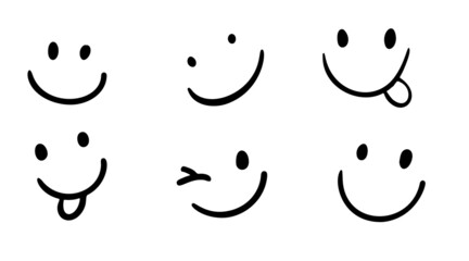 Happy Doodle Smile Collection Isolated on White Background. Simple Faces. Cute Icon Set. Vector illustration.