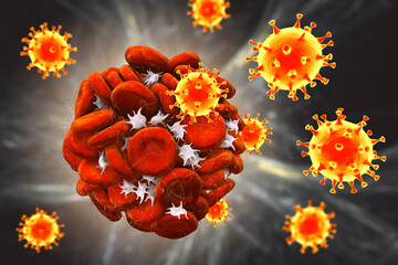 Wall Mural - Blood clotting and COVID-19 virus particles, conceptual illustration