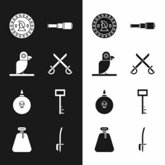 Sticker - Set Crossed pirate swords, Pirate parrot, coin, Spyglass telescope lens, Bomb ready to explode, key, and sack icon. Vector