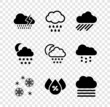 Set Cloud with rain and lightning, Snow, Water drop percentage and Fog cloud icon. Vector