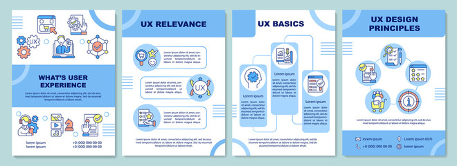 User experience brochure template. UX relevance. Design principles. Flyer, booklet, leaflet print, cover design with linear icons. Vector layouts for presentation, annual reports, advertisement pages