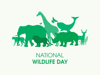 Wall Mural - National Wildlife Day Poster with green silhouettes of wild animals icon vector. Wild animals silhouette set. Environmental icon vector. Group of animals icon. Important day