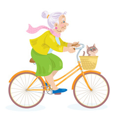 Canvas Print - Cute grandmother rides a bike with a funny cat. In cartoon style. Vector illustration. Isolated on white background