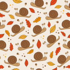 Wall Mural - Autumnal seamless pattern with snail, acorn and Autumn leaves.
Good for textile print, wallpaper, wrapping paper, backgound, cover, and other gifts design.