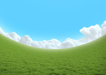 Wall Mural - Realistic bend green grass landscape on blue sky with white clouds. Spherical empty panorama. Bright 3d illustration.