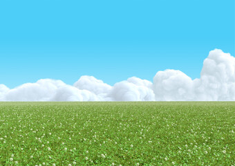 Realistic empty green clover field with white clouds on blue sky. Horizontal clean panorama background. Bright 3d illustration.