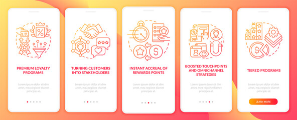 Loyalty system trend red gradient onboarding mobile app page screen. Reward program walkthrough 5 steps graphic instructions with concepts. UI, UX, GUI vector template with linear color illustrations