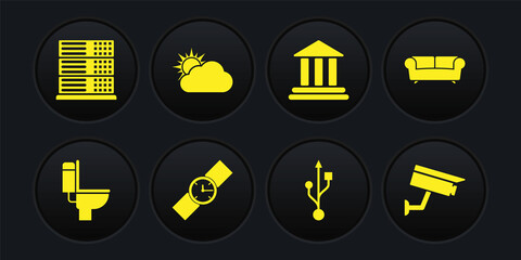 Sticker - Set Toilet bowl, Sofa, Wrist watch, USB, Bank building and Sun and cloud weather icon. Vector