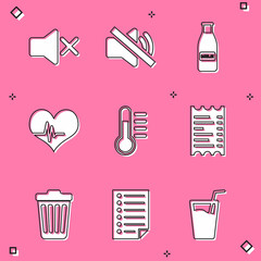 Sticker - Set Speaker mute, , Glass bottle milk and cap, Heart rate, Thermometer and Paper or financial check icon. Vector