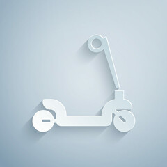 Poster - Paper cut Roller scooter for children icon isolated on grey background. Kick scooter or balance bike. Paper art style. Vector