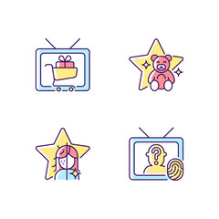 Sticker - Television RGB color icons set. Shopping show. Children animation, kids cartoon. Beauty transformation. Crime investigation. Isolated vector illustrations. Simple filled line drawings collection