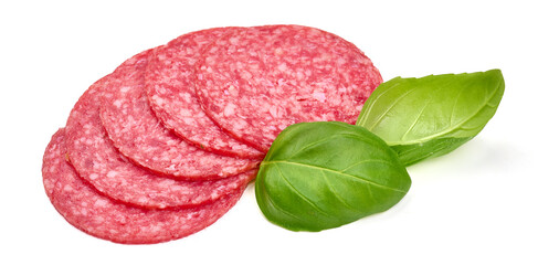 Wall Mural - Salami sausage slices with basil, isolated on white background. High resolution image.