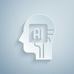 Poster - Paper cut Humanoid robot icon isolated on grey background. Artificial intelligence, machine learning, cloud computing. Paper art style. Vector